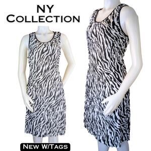 NY Collection Sheath Dress Large Black White Zebra Tiered Ruffled Sleeveless NEW